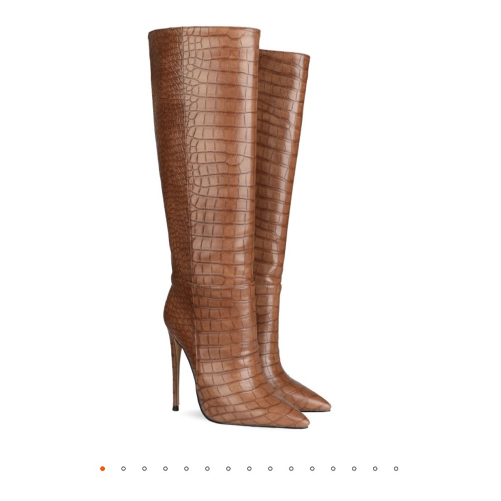 Brown Croc-Printed Stiletto Heel Knee High Boots